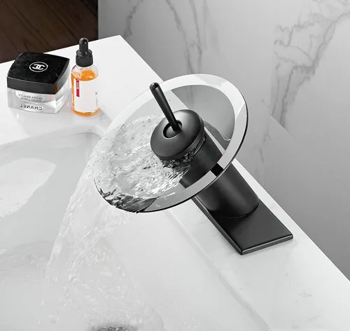 Miniatura 4 de Grifo de baño con boquilla de vidrio negro, cascada de una sola manija, un agujero, grifo para lavabo de lavabo, mezclador con placa de cubierta