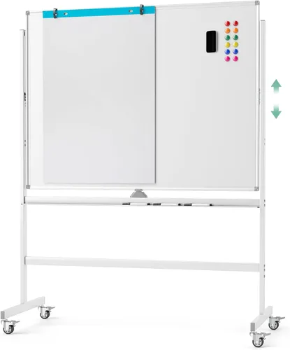 Miniatura 10 de Goplus Pizarra blanca rodante de 48 x 36 pulgadas, pizarra magnética de borrado en seco de altura ajustable con tablero de clavijas, ganchos