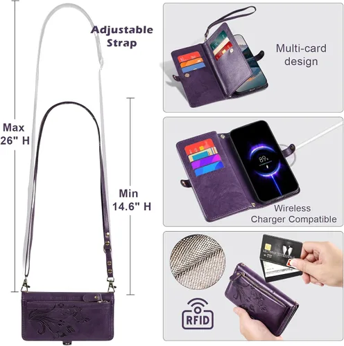 Miniatura 4 de Funda tipo cartera cruzada para Galaxy S24 Ultra, [protección contra escaneo de robo de tarjetas] tarjetero con cremallera y tapa de piel, soporte