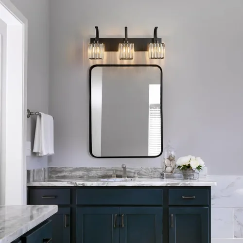 Miniatura 6 de Luces de tocador de cristal de 3 luces negras para tocador de baño, modernas lámparas de baño de cristal sobre espejo de 23.62 pulgadas de largo