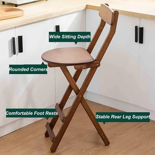 Miniatura 4 de Taburetes de bar plegables de bambú para el desayuno, taburete de cocina de 24 pulgadas/27 pulgadas con respaldo, silla alta de madera plegable
