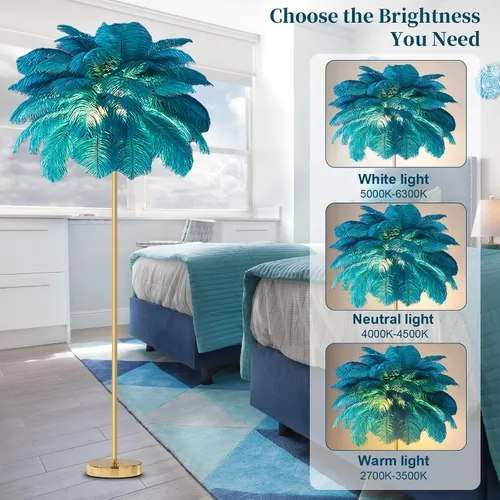 Miniatura 3 de Lámpara de pie de avestruz natural moderna para sala de estar, lámpara de pie LED con interruptor de pie, acabado dorado, elegante pantalla de Azul