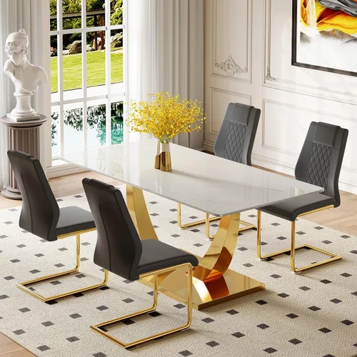 Miniatura 2 de Juego de mesa de comedor para 4, mesa de comedor de mármol sintético de 63 pulgadas con patas y base de acero inoxidable, sillas acolchadas