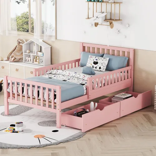 Miniatura 33 de VilroCaz Moderna cabecera de almacenamiento de cama de tamaño individual y barandilla de seguridad para niños, base de cama de plataforma de madera