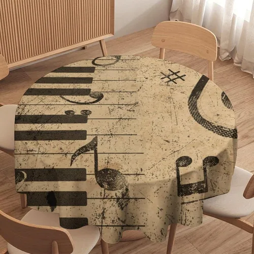 Miniatura 4 de Mantel redondo de cocina con notas musicales retro, estilo rústico y occidental, con estampado de teclas de piano y teclas, mantel redondo