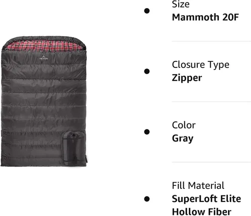Miniatura 6 de Teton Mammoth - Saco de dormir doble tamaño Queen - Una bolsa cálida que toda la familia puede disfrutar, ideal para camping, caza y campamento Gris