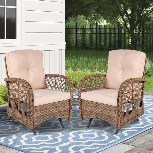 Miniatura 46 de MEETWARM Juego de 3 piezas de mimbre giratorio para patio al aire libre, mecedoras, juegos de muebles de patio de ratán con cojín grueso y mesa