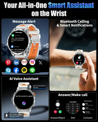 Miniatura 7 de Relojes inteligentes militares para hombres, reloj inteligente de pantalla grande HD de 1000 mAh/1.7 pulgadas, linterna LED, responder/hacer Gris