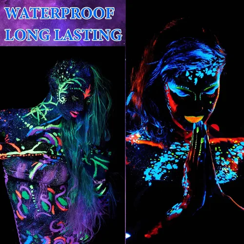 Miniatura 4 de 12 piezas de pintura corporal que brilla en la oscuridad, juego de maquillaje de luz negra fluorescente neón, juego de pintura facial