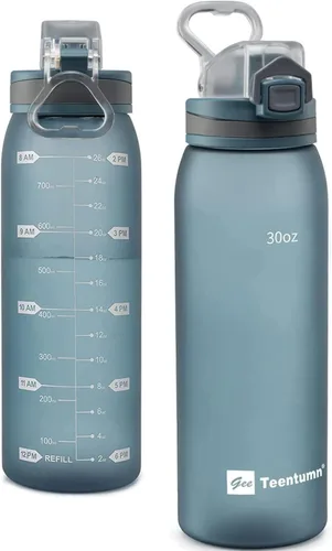 Miniatura 9 de Botella de agua deportiva de 30 onzas con marcadores de tiempo, botella grande y duradera de plástico para gimnasio, Tritan sin BPA, transparente
