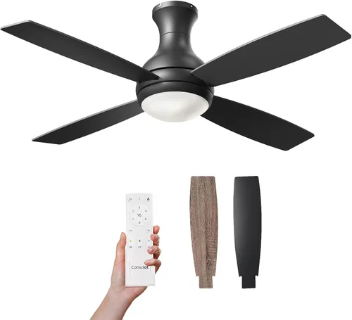 Consciot Ventilador de techo de 52 pulgadas con luces, ventilador de techo negro moderno, control remoto, motor CC reversible silencioso, montaje