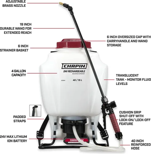 Miniatura 3 de Chapin International 63924 Pulverizador de mochila con batería de pulverización extendida de 4 galones y 24 V, con boquilla de latón ajustable, 1