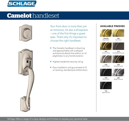 Miniatura 5 de Schlage F60 V CAM 716 ACC - Juego de manijas para puerta de entrada con manija Accent, diseño Camelot, cerradura de entrada con llave de lado único