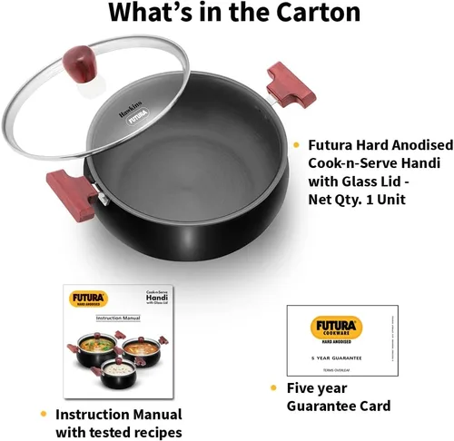 Miniatura 7 de Hawkins Futura - Cook n Serve Handi de 5 litros, anodizado duro Biryani Handi con tapa de vidrio, cacerola, sartén, negro (ACH50G) pulido