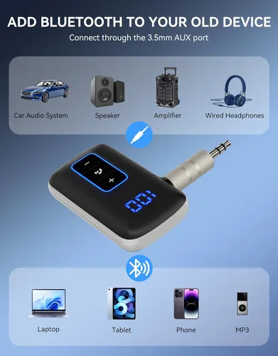 Miniatura 6 de Receptor Bluetooth 5.3 para automóvil, pantalla LED, cancelación de ruido, adaptador AUX Bluetooth de 0.138 in, receptor de audio inalámbrico