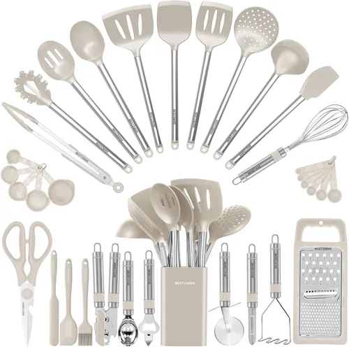 Miniatura 10 de Juego de utensilios de cocina de silicona, 33 utensilios y cucharas antiadherentes, juego de espátulas de silicona y acero inoxidable, las mejores