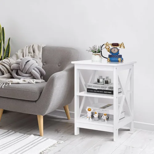 Miniatura 7 de ZENY Juego de 2 mesas auxiliares, estante de almacenamiento lateral para sofá, mesa auxiliar de madera versátil con diseño X, sala de estar, Blanco
