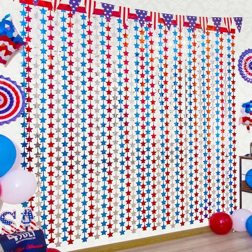 LOLStar Decoraciones del 4 de julio, paquete de 3 cortinas de flecos de papel de aluminio de oropel de estrellas rojas, blancas y azules, 4 de