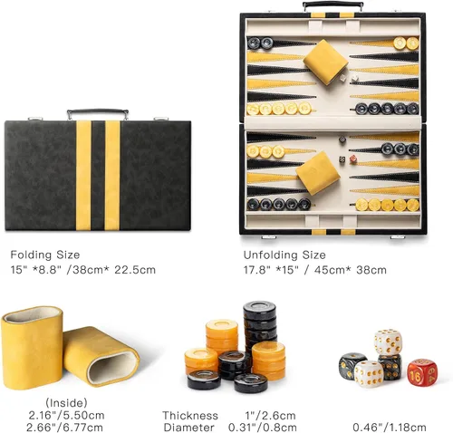 Miniatura 4 de Juegos de backgammon de 15 pulgadas para adultos, tablero clásico de backgammon con dados de damas únicos, exterior de piel sintética e