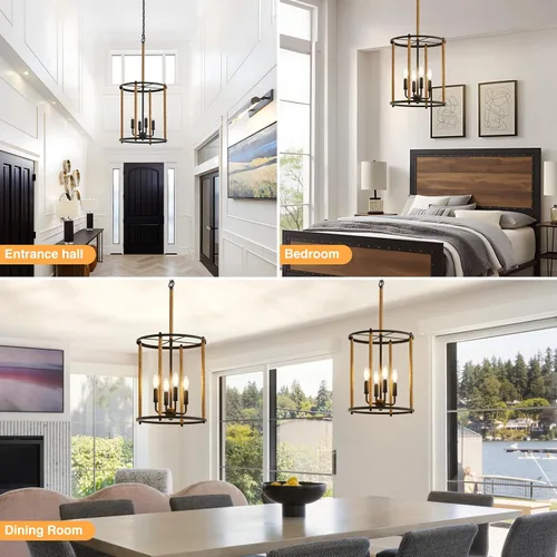 Miniatura 5 de Luvkczc Candelabro de 4 Luces, Luz de Techo Estilo Granja, Lámpara de Linterna Negra Accesorios de Iluminación con Jaula de Cuerdas, Altura