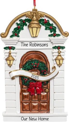 Miniatura 16 de Adorno de Navidad personalizado para el nuevo hogar 2026 Puerta negra con cinta de purpurina recuerdo único para el árbol de Navidad – Primer año