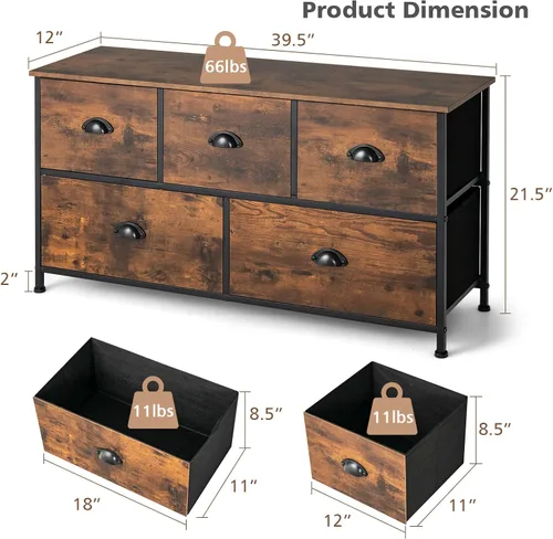 Miniatura 3 de LOKO Cómoda de 5 cajones para dormitorio, organizador rústico con cajones de tela y marco de acero sólido, cómoda ancha para armario, dormitorio