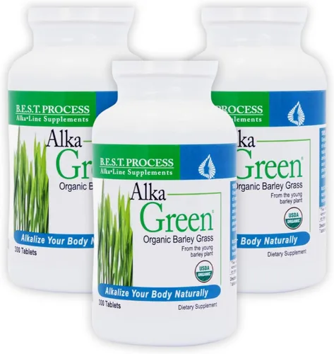 Alka•Green Tablets (paquete de 3) Mejor proceso alcalino - Suplemento de hierba de cebada orgánica densa en nutrientes - Fuente natural de enzimas y