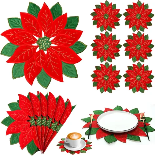 Miniatura 8 de Tudomro 12 piezas de manteles individuales bordados de Navidad con flor de Nochebuena y juego de 6 posavasos bordados rojos, manteles individuales