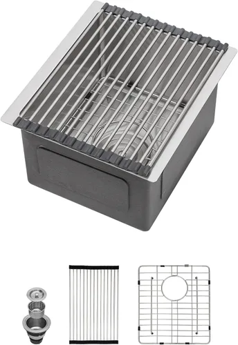 Miniatura 27 de Lordear Fregadero de cocina para interiores y exteriores de 15 x 17 con grifo plegable, Samll Bar Prep 16 calibre T304 de acero inoxidable
