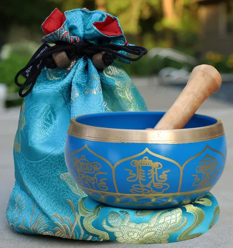 Miniatura 12 de DharmaObjects Mediano ~ Juego de cuencos cantantes Om ~ Con mazo, cojín de brocado y bolsa de transporte ~ Para meditación, curación de chakras
