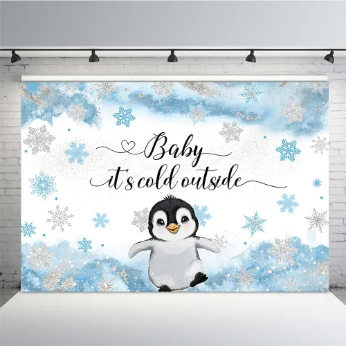 MEHOFOND Telón de fondo de invierno para baby shower de pingüino de 7 x 5 pies para niños, bebé hace frío afuera, fondo de acuarela azul, animales