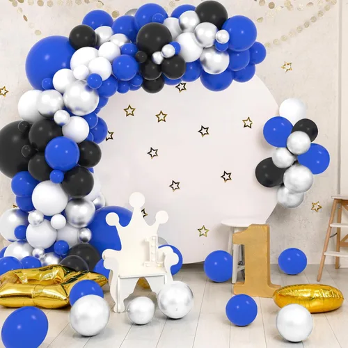 Miniatura 5 de Kit de arco de guirnalda de globos azules, negros y blancos, plateados, 127 globos de color azul rey, blanco, negro, plateado, metálico, para Azul