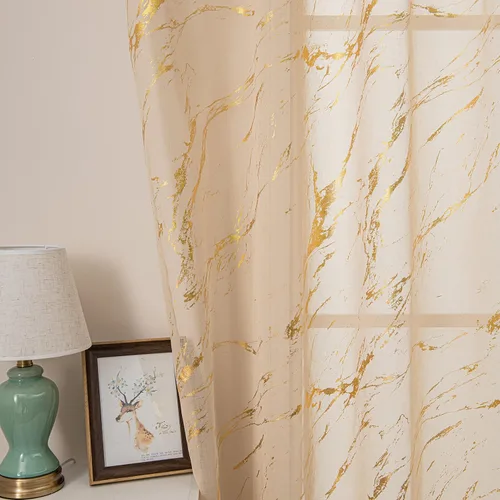 Miniatura 2 de Cortinas Transparentes Beige con Estampado de Lámina de Mármol Dorado de 63 Pulgadas de Largo para Cuarto de Bebé, Paneles de Ventana con Bolsillo