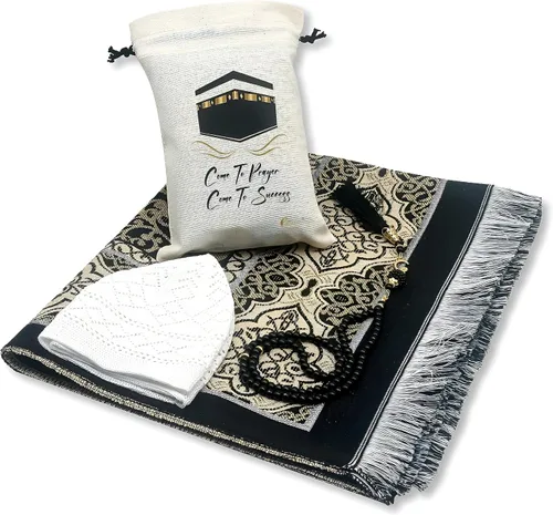 ESERRA Alfombra de oración musulmana, 99 cuentas y gorra incluidas, alfombrillas de oración del Islam para hombres, mujeres y niños (negro)