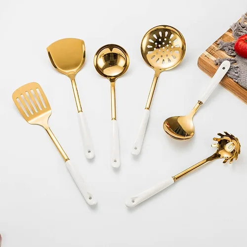 Miniatura 7 de AQUAX Juego de utensilios de cocina de acero inoxidable de siete piezas (oro blanco). Juego de 7 utensilios de cocina con estante para colgar.