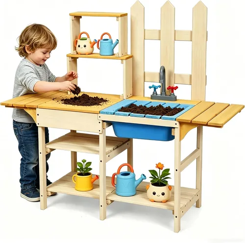 HONEY JOY Juego de cocina de barro para niños, para interiores y exteriores, juguete de simulación de madera con fregadero extraíble, grifo