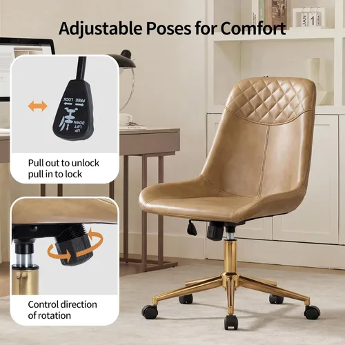 Miniatura 6 de DUHOME Silla de oficina moderna de piel sintética, silla de escritorio giratoria para computadora con base dorada, camello Camel con base dorada