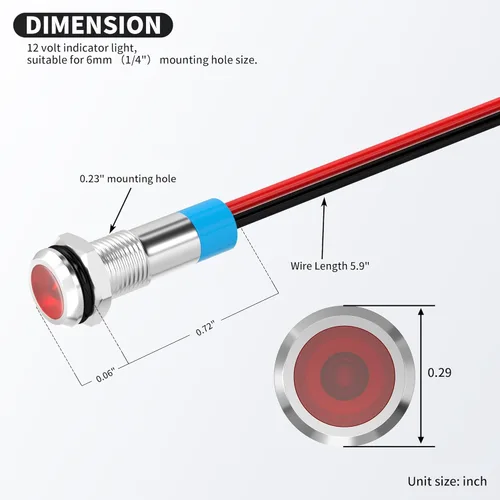 Miniatura 2 de DaierTek Luz Indicadora LED 12V LED Roja 6MM Metálica Impermeable Luz Indicadora de 12 Voltios Luz Piloto de Cabeza Plana de 1/4" Montaje en Panel