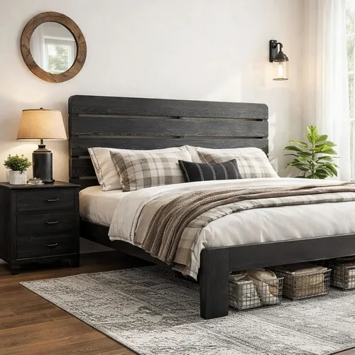 Miniatura 3 de Marco de cama de madera tamaño King con cabecera, base de cama de plataforma estilo granja rústica con soporte de listones de madera, resistente
