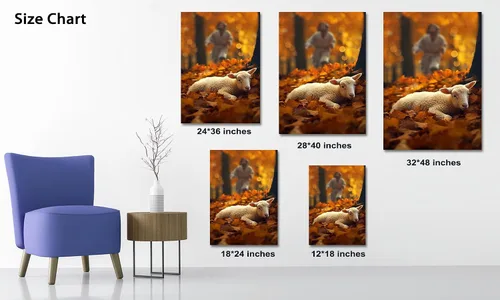 Miniatura 4 de ANRUOXI Arte Cristiano de Jesús Corriendo Después del Cordero en Lienzo para Pared, Jesús Pastor y Oveja Perdida en el Bosque de Otoño, Pintura