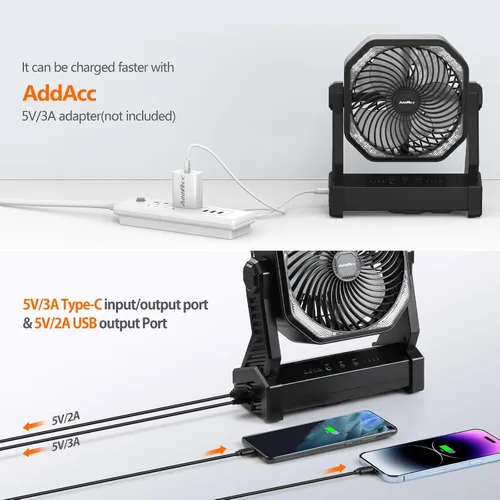 Miniatura 5 de Ventilador de camping de 20000 mAh, recargable, funciona con batería con gancho giratorio de 360°, luz de 400 lúmenes, pivote de 270°, 4
