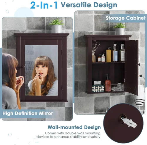 Miniatura 4 de Botiquín marrón con espejo, almacenamiento ajustable montado en la pared para baño, sala de estar, dormitorio, entrada y cocina