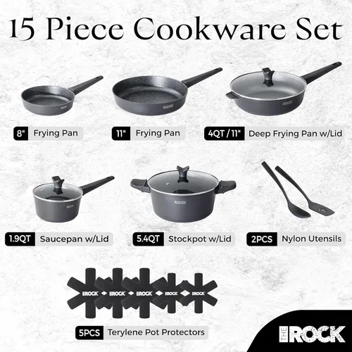 Miniatura 9 de THE ROCK SOHO - Juego de utensilios de cocina de 15 piezas, ollas y sartenes antiadherentes con ROCK.TEC, compacto para cocinas urbanas, no se pega