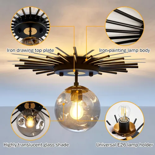 Miniatura 3 de UOFUS Lámpara de techo pequeña de montaje empotrado negra con globo de cristal Sputnik Starburst 1 luz cerca de techo para pasillo, comedor, Negro