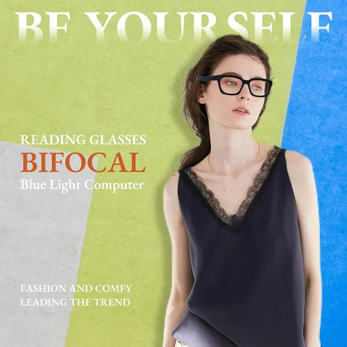 Miniatura 2 de HIYANJN Gafas de Lectura Bifocales para Mujeres con Filtro de Luz Azul para Computadora, Parte Superior Transparente, Montura Mate de Gran