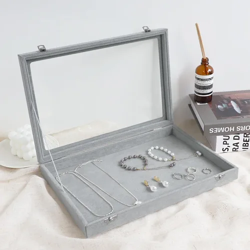 Miniatura 3 de Wuligirl - Joyero organizador de terciopelo para aretes, collares y pulseras con tapa transparente de exhibición, almacenamiento de joyas