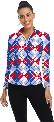 Miniatura 33 de WOWENY Camiseta deportiva de manga larga para mujer, con cremallera de un cuarto, cuello para entrenamiento, camiseta de tenis con estampado