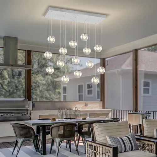 Miniatura 56 de ykolupty Escalera LED de 10 luces LED moderna con globo de cristal, lámpara colgante grande para techos altos, accesorios de iluminación de entrada