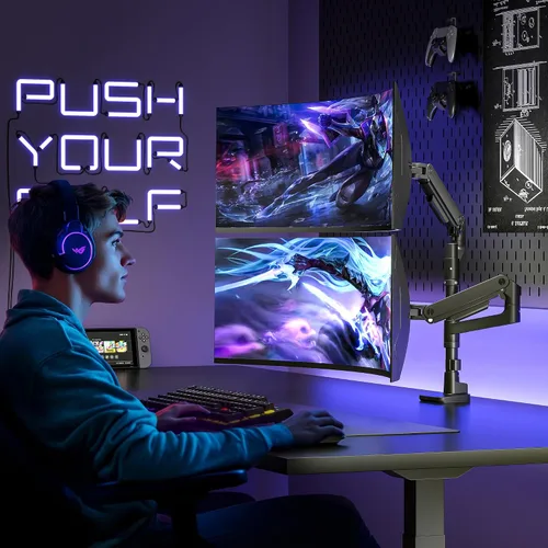 Miniatura 8 de ARES WING Soporte de escritorio con brazo de doble monitor para monitores ultraanchos de 17 a 49 pulgadas, soporte de monitor doble resistente