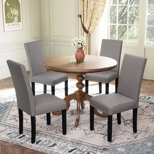 Miniatura 10 de LSSPAID Juego de 2 sillas de comedor tapizadas de tela con ribete de cabeza de clavo y patas de madera maciza para el hogar y la cocina, color gris
